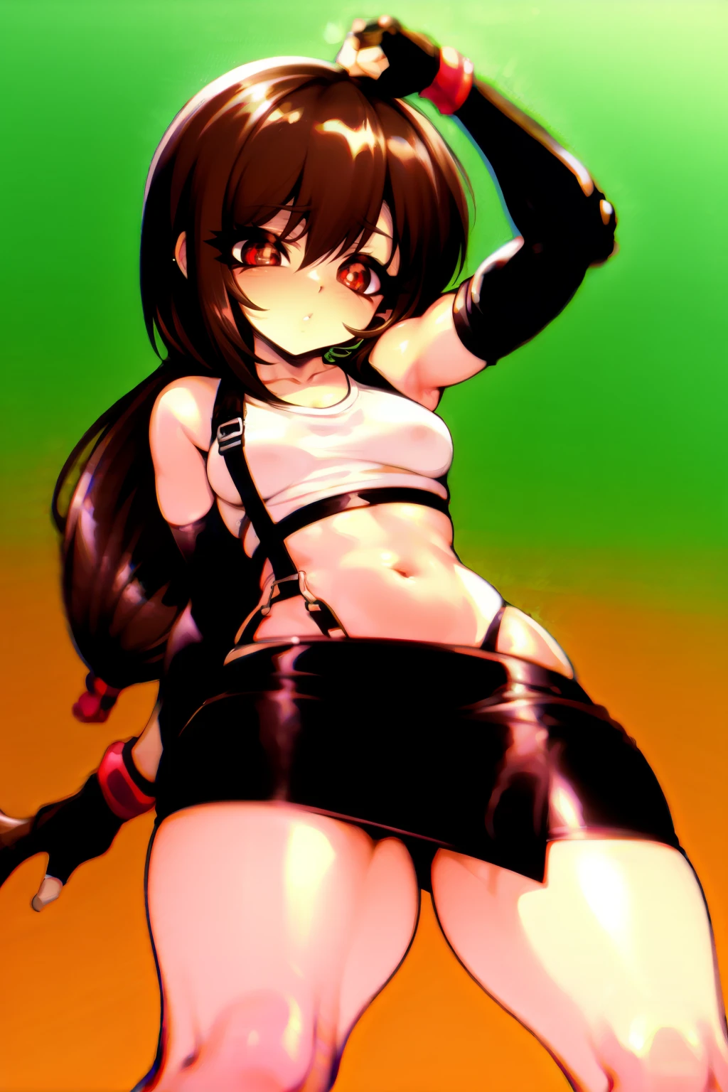 1girl, solo, masterpiece, best quality, high quality, highres, 4K, <lora:Juggertuul-000008:1>
<lora:tifa-nvwls-v2:1> defTifa, red eyes, low-tied long hair, earrings, white crop top, suspenders, black miniskirt, pencil skirt, arm warmers, elbow gloves, elbow pads, red gloves