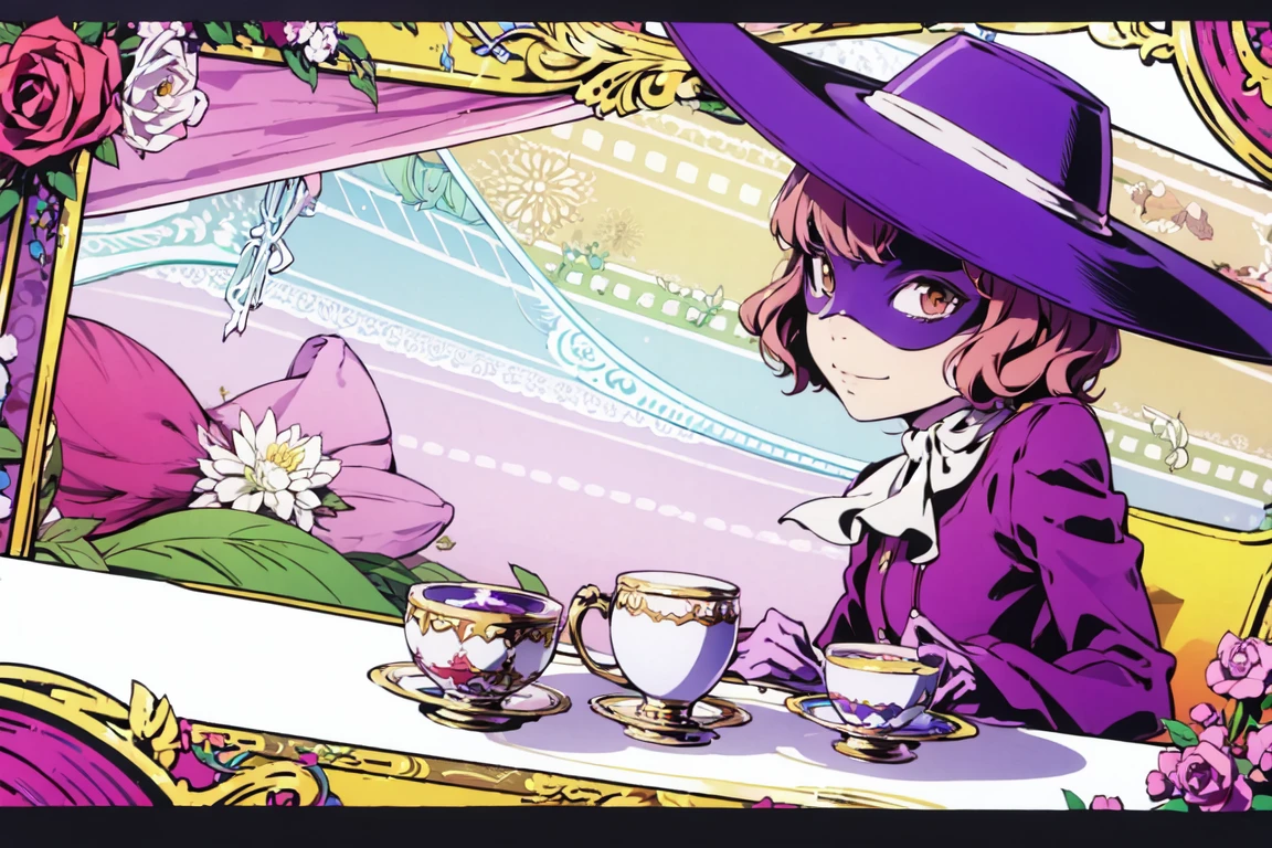 <lora:Persona5Cruncher:0.8>,PersonaCruncher,1girl,teacup,okumura haru,hat feather,hat,cup,solo,purple gloves,brown hair,gloves,flower,short hair,mask,ascot,saucer,brown eyes,domino mask,smile,feathers,looking at viewer,rose,, masterpiece,best quality,highres,ultra high res,(abstract art:1.2),2d,(highlydetailed),(colorful),(intenseexpression),(fashionable),