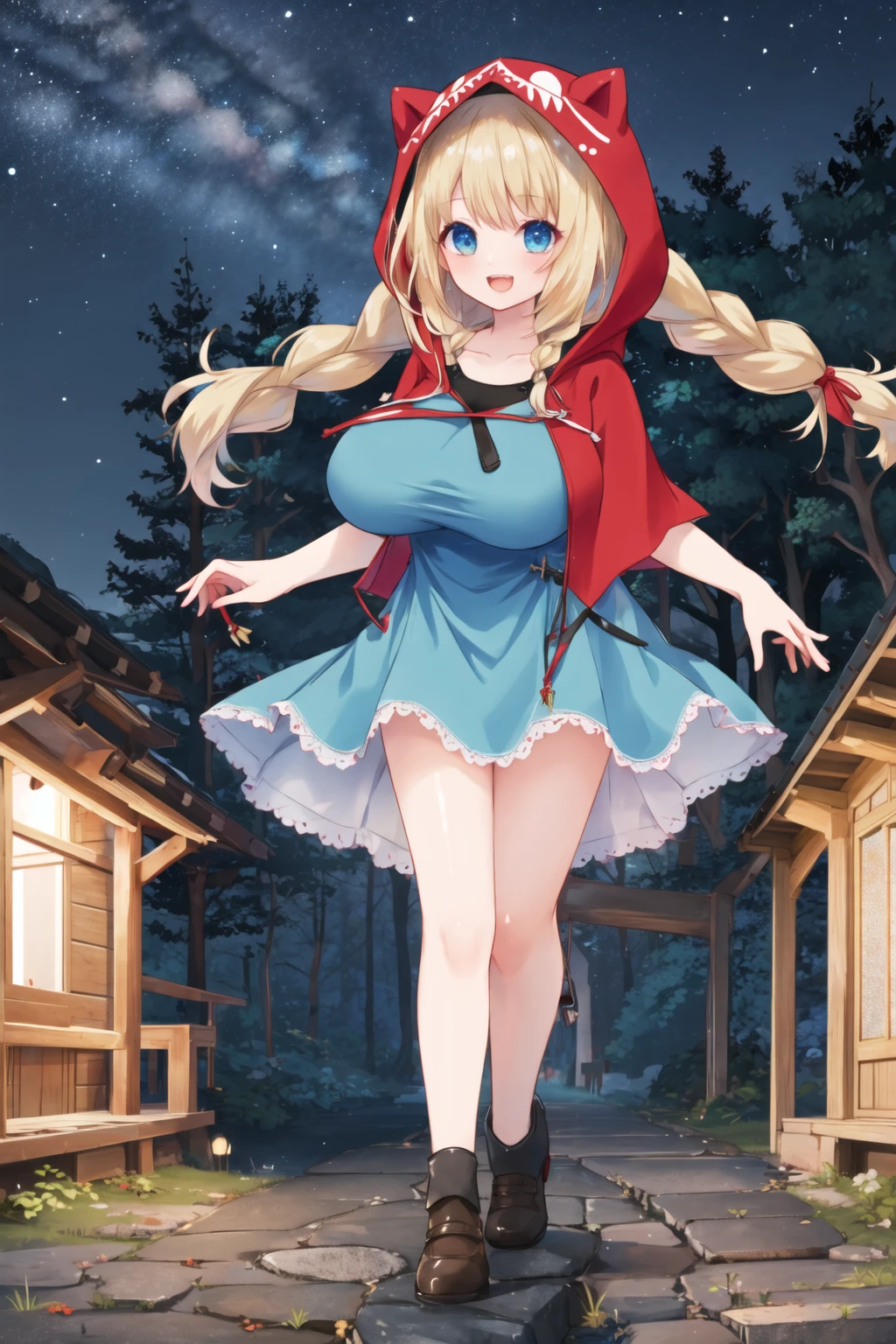 <lora:3lyv4-10:0.6>, gigantic breasts, :d, red hood, hood up, blonde hair, full body, outdoors, night, forest, blue dress, minidress, twin braids