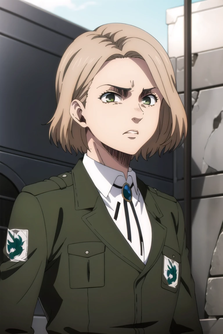 masterpiece, best quality, hitchaot, 1girl, uniform, upper body, solo, outdoors, [[[annoyed]]], highres, <lora:hitchaot-14:0.95>