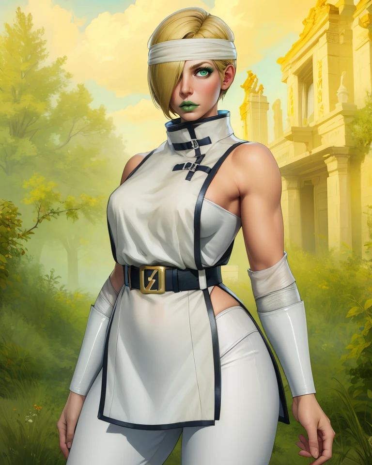 falke,blonde hair,green eyes,green lips,hair over one eye,short hair,
white headband,white bodysuit,turtleneck,belt,bracer,short pelvic curtain,white attire,
standing,upper body,smile,
morning,temple,
(insanely detailed, masterpiece, best quality),solo,<lora:falkeST:0.7>,