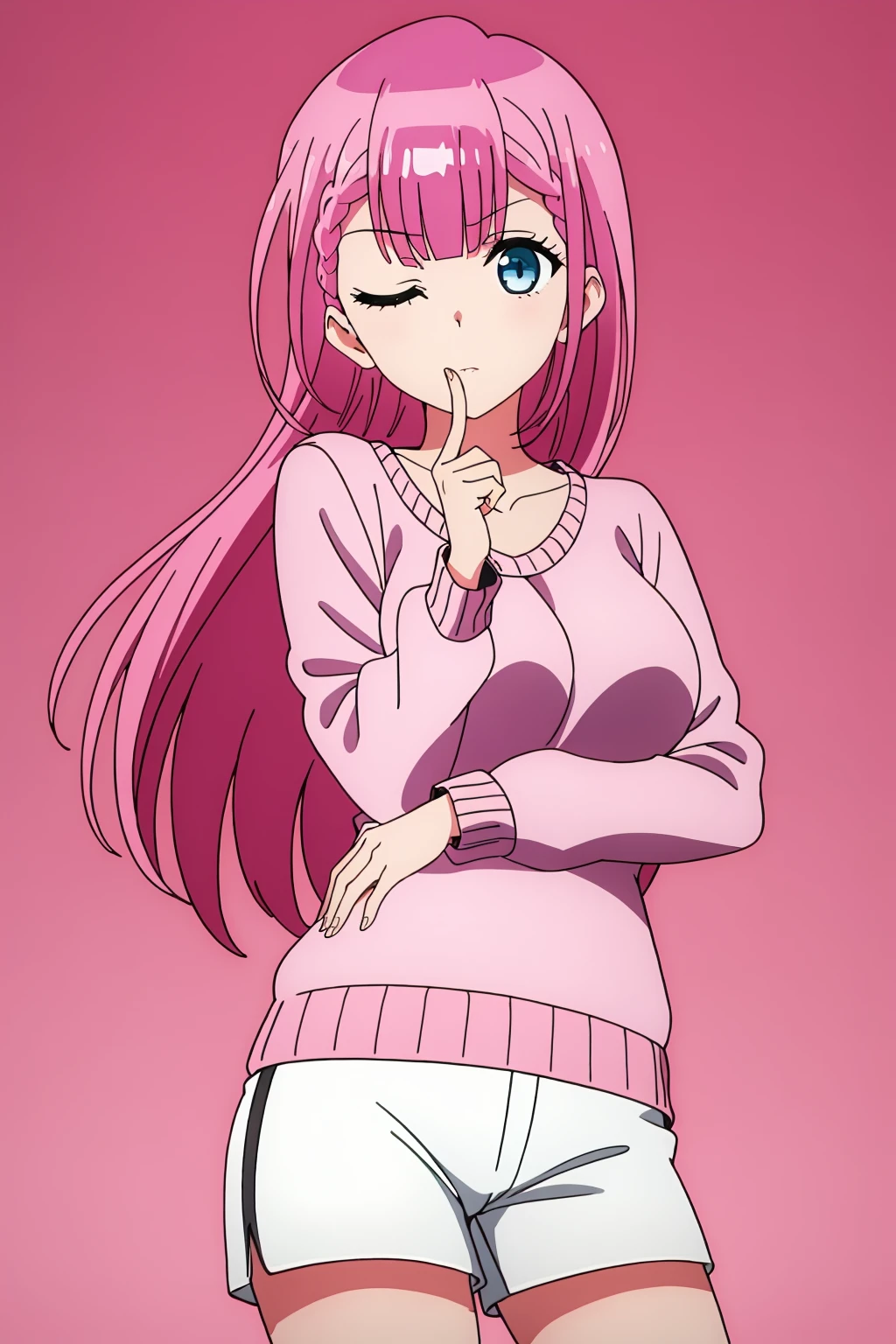 ((best quality)),((highly detailed)),masterpiece,absurdres,detailed face,beautiful face,(detailed eyes, deep eyes),1girl,((dynamic pose))<lora:MafuyuV1:0.7>,Mafuyu, solo, long hair, breasts, looking at viewer, bangs, blue eyes, long sleeves, very long hair, standing, collarbone, pink hair, braid, one eye closed, shorts, sweater, short shorts, polka dot, finger to mouth, white shorts, polka dot background, pink sweater, cable knit, aran sweater