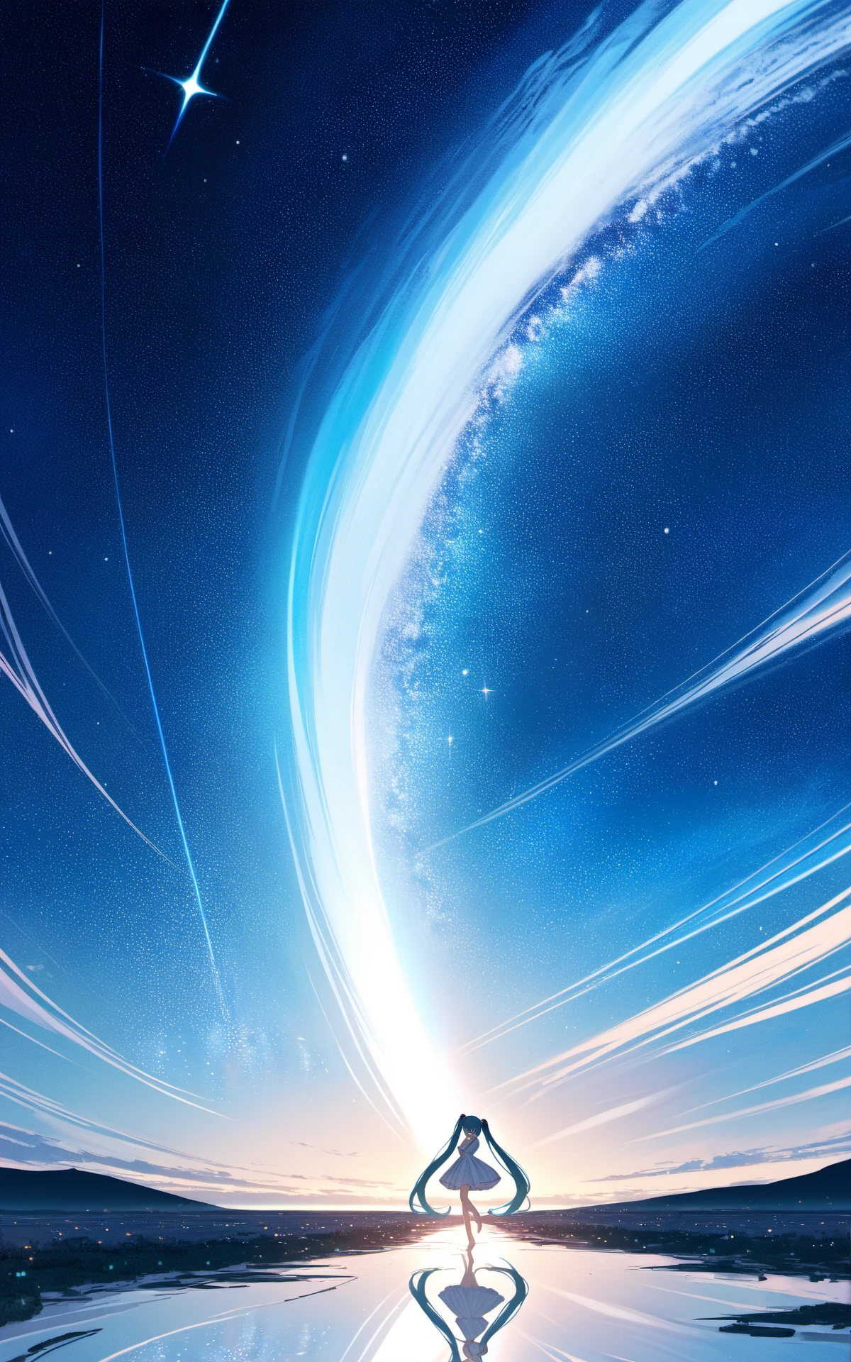 (masterpiece), (best quality),artist Archive, 1girl, hatsune miku, long hair, solo, very long hair, absurdly long hair, dress, twintails, white dress, sky, star (sky), arm up, standing, barefoot, wide shot, blue hair, starry sky, cloud, ribbon, reflection, profile, outstretched arm, scenery, bangs, closed eyes