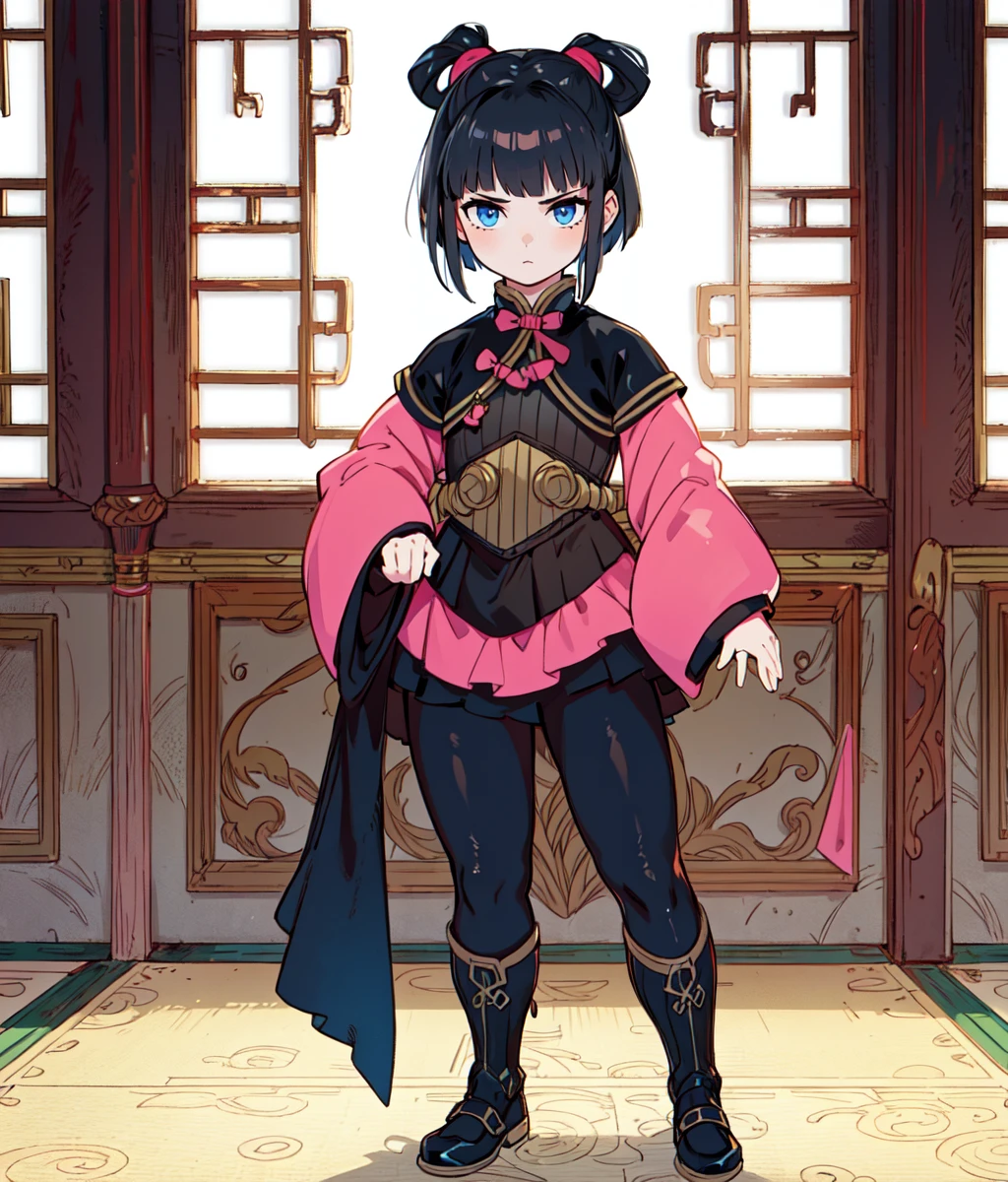 masterpiece, high res, detailed face, detailed eyes, 1 girl, solo, slender, black hair, top knot, blue eyes, short hair, black gold outfit, pink sleeves, indoors, ((full body)), serious, cowboy shot, chinese palace <lora:Lyon:1>