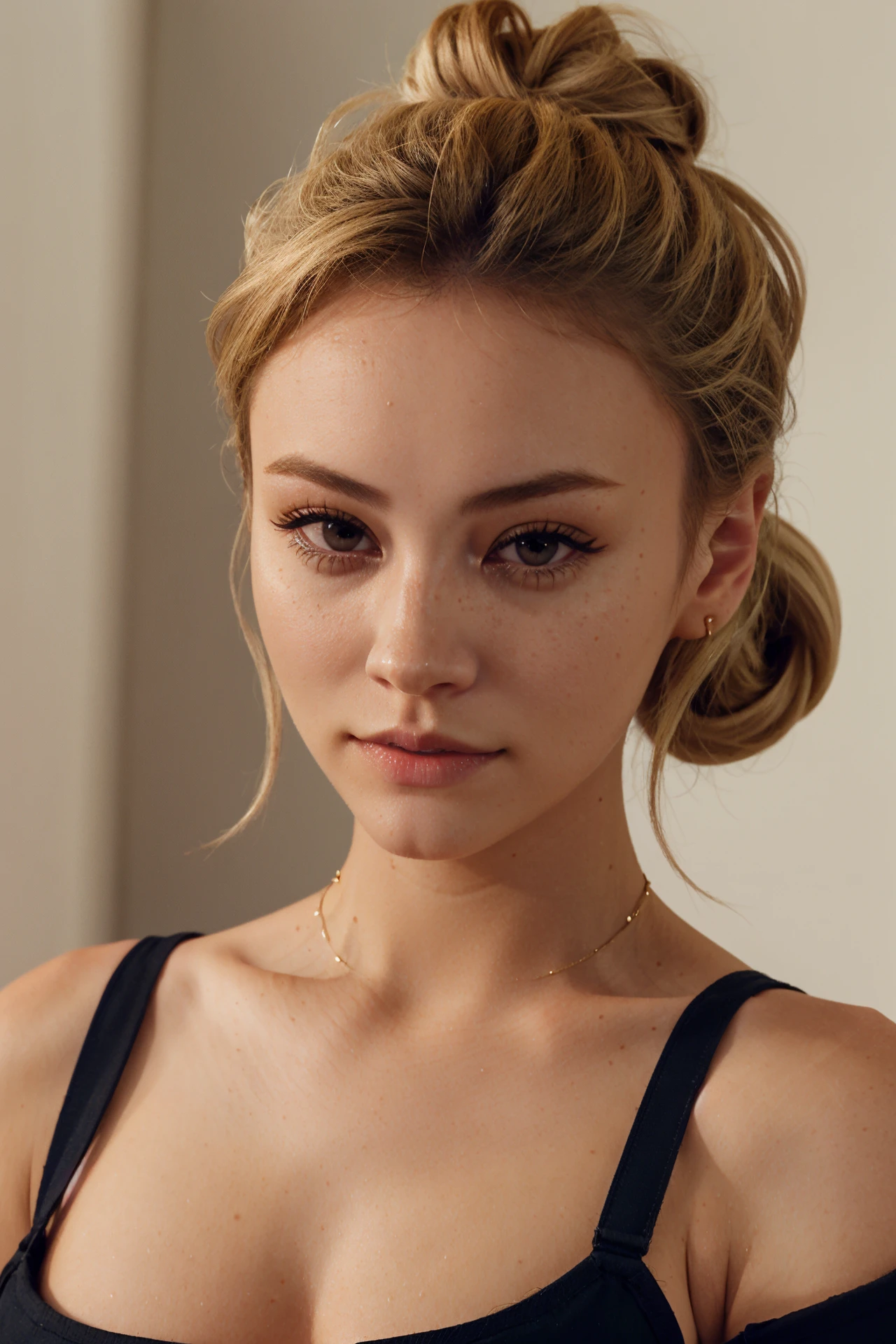 an eye contact of a blond with bun hair and dark theme  <lora:bbhollyyv3:1> bbhollyy