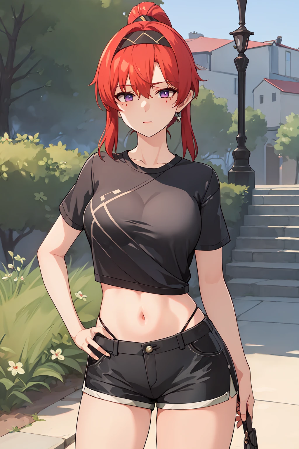 8k, best quality, masterpiece, ultra-detailed,1girl,solo, Stand,facing backwards, slight smile,aizawa tomo,red eyes,red hair,black t-shirt, black t-shirt,black leggings, long leggings,ultra detail, ultra HD