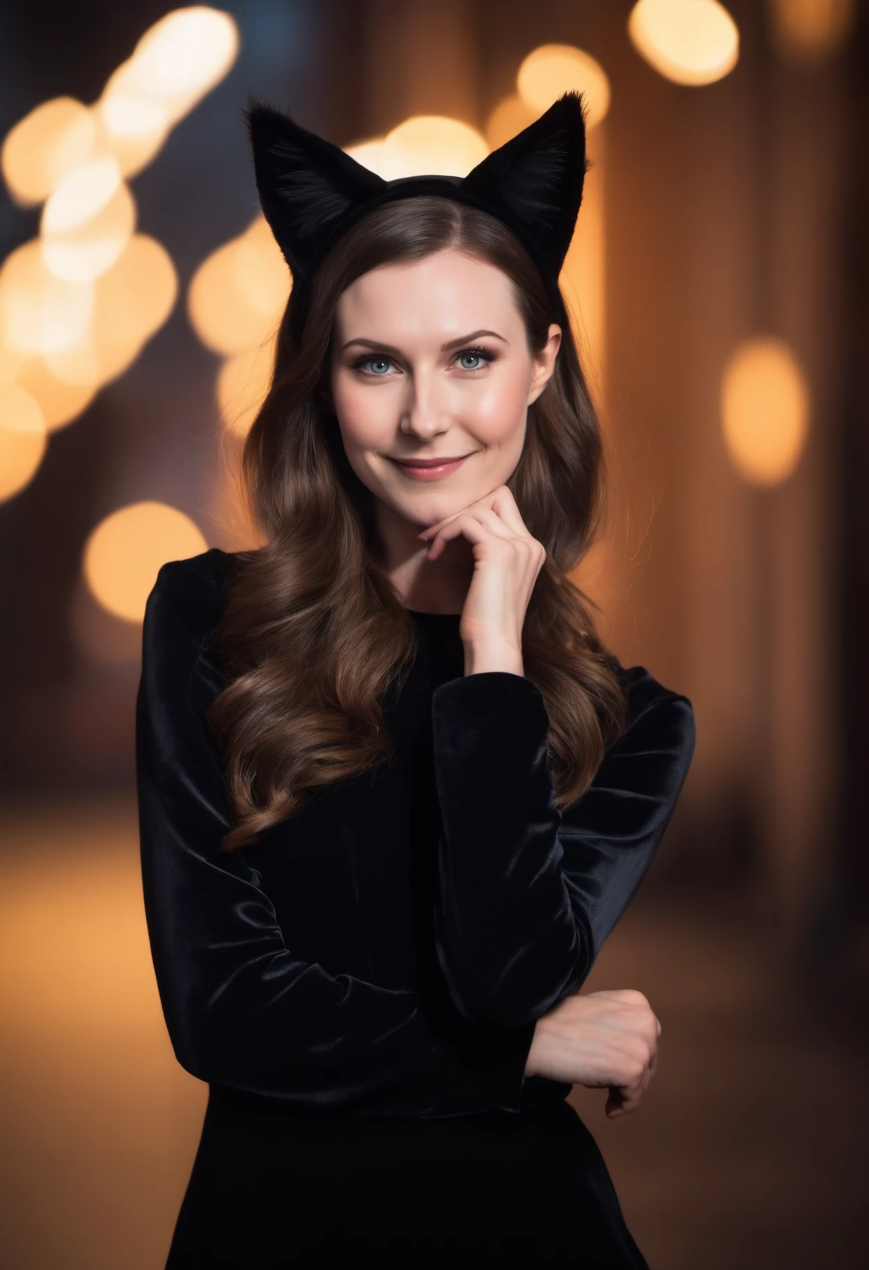 photo of beautiful young sanna_marin wearing a cat costume, cat ears, cat tail, cinematic lighting, bokeh, (full body), <lora:sanna_marin_sdxl_60:0.6>