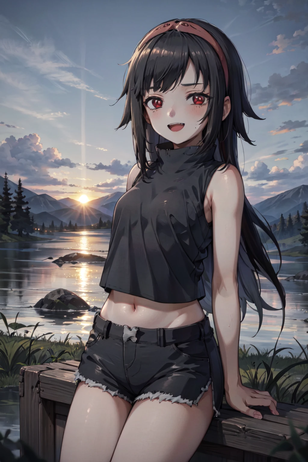 <lora:NanashiUchiha:1>, Nanashi Uchiha, 1girl, black hair, long hair, red eyes, mangekyou sharingan, black tank top, black shorts, :D, outdoors, mountains, sunset, clouds, beautiful clouds, looking at viewer