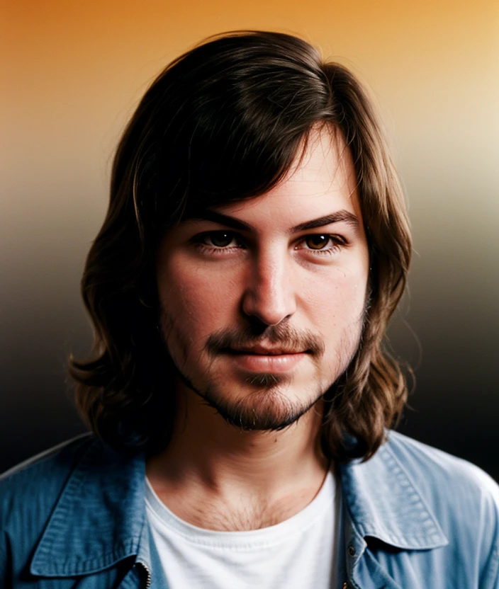 <s4t3vj00>, smile, a beautiful man, perfect hair, (Shirt and jacket), closeup portrait, (( background gradient:1.2)), 24mm, (analog, cinematic, film grain:1.3), detailed eyes, (seductive pose), (epicPhoto), (looking at viewer), (cinematic shot:1.3) 