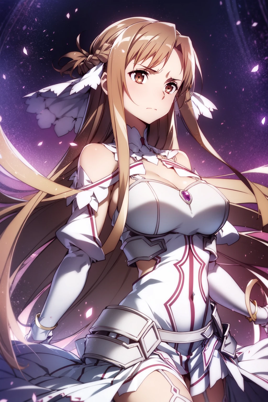 with brown hair and brown eyes,beautiful eyes,a melancholy expression that stirs affection,large breasts,dress,floating hair,light particles,glare,vivid,fancy,dreamlike,a dim atomshpere,stacia,garter belt,<lora:asuna_(stacia):0.6>,