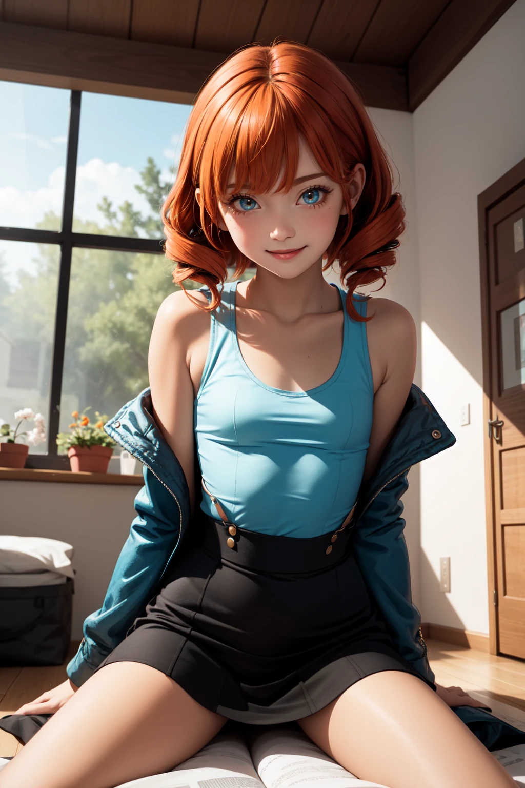 (masterpiece, best quality, SFW:1.2), evocative, angelic, aesthetic, hard shadows
BREAK
1girl, envious, grin, looking down,(cute, petite:1.2), flat_chest, wide hips, (dark orange_colored hair, twin drills:1.2), (medium aquamarine eyes:1.2)
BREAK
(gold trim tank top, vivid blue coat, orange_red_colored suspender skirt, )
BREAK
pov,breast focus, fetal position,stretching
BREAK
indoors, conservatory