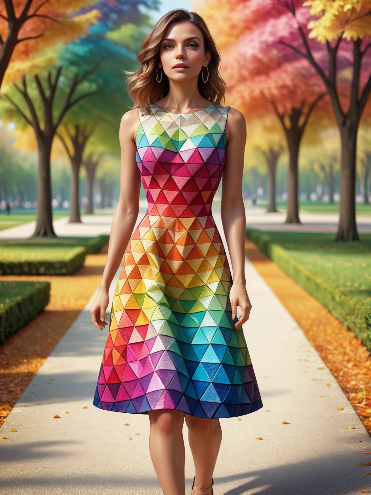 woman wearing a colorful mad-triangles dress walking through park, dynamic pose <lora:Colorful_Triangles_SDXL:0.8>, (masterpiece:1.2), best quality, (hyperdetailed, highest detailed:1.2), high resolution textures