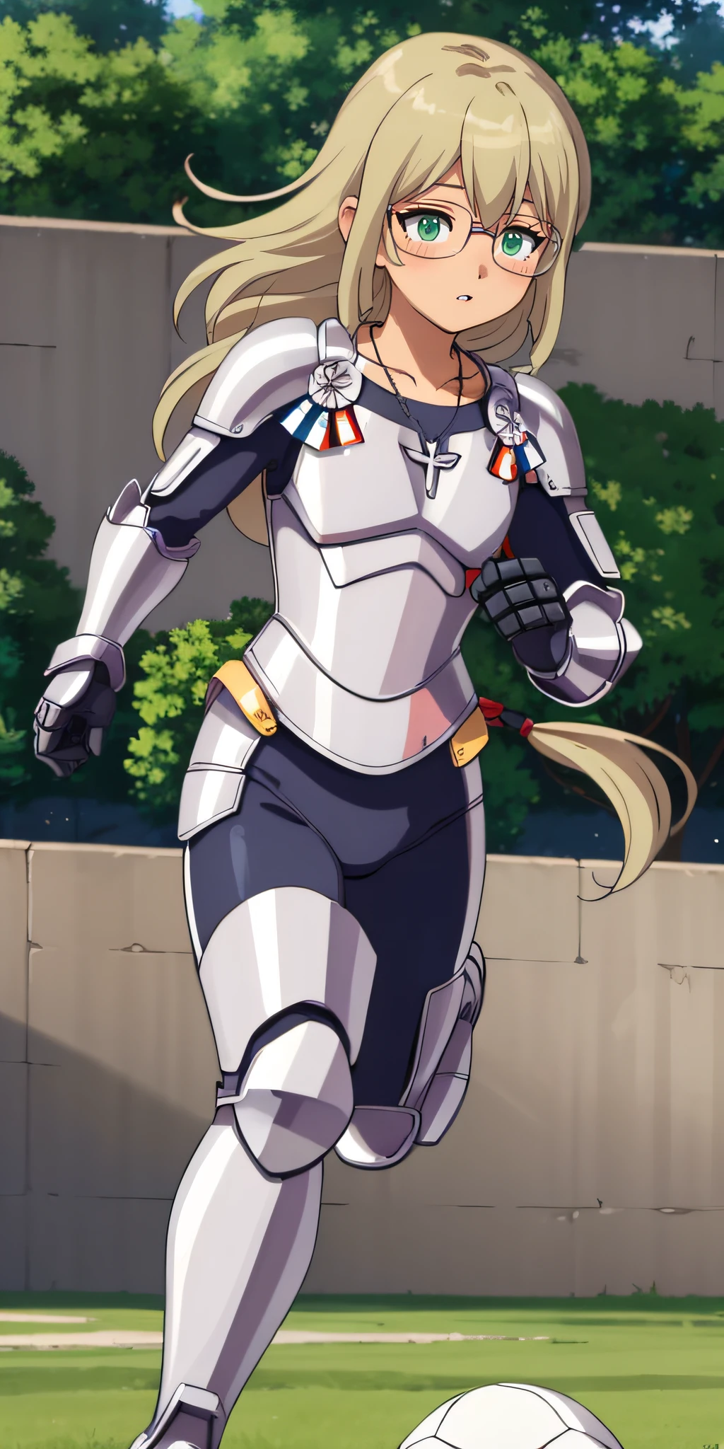 (masterpiece:1.2), best quality, high resolution, unity 8k wallpaper, (illustration), extremely detailed face, perfect lighting, extremely detailed CG, 1girl, solo, beautiful detailed eyes, <lora:Jeanne_Inazuma:0.8>, jeanne, blonde hair, cowboy shot, necklace, glasses, frontal view, soccer field, green field, outdoor, blush, green eyes, full body, barefeet, feet, (running:1.3), breastplate, armored boots, greaves, plate armor, shoulder armor, gauntlets, parted lips, soccer ball, armor