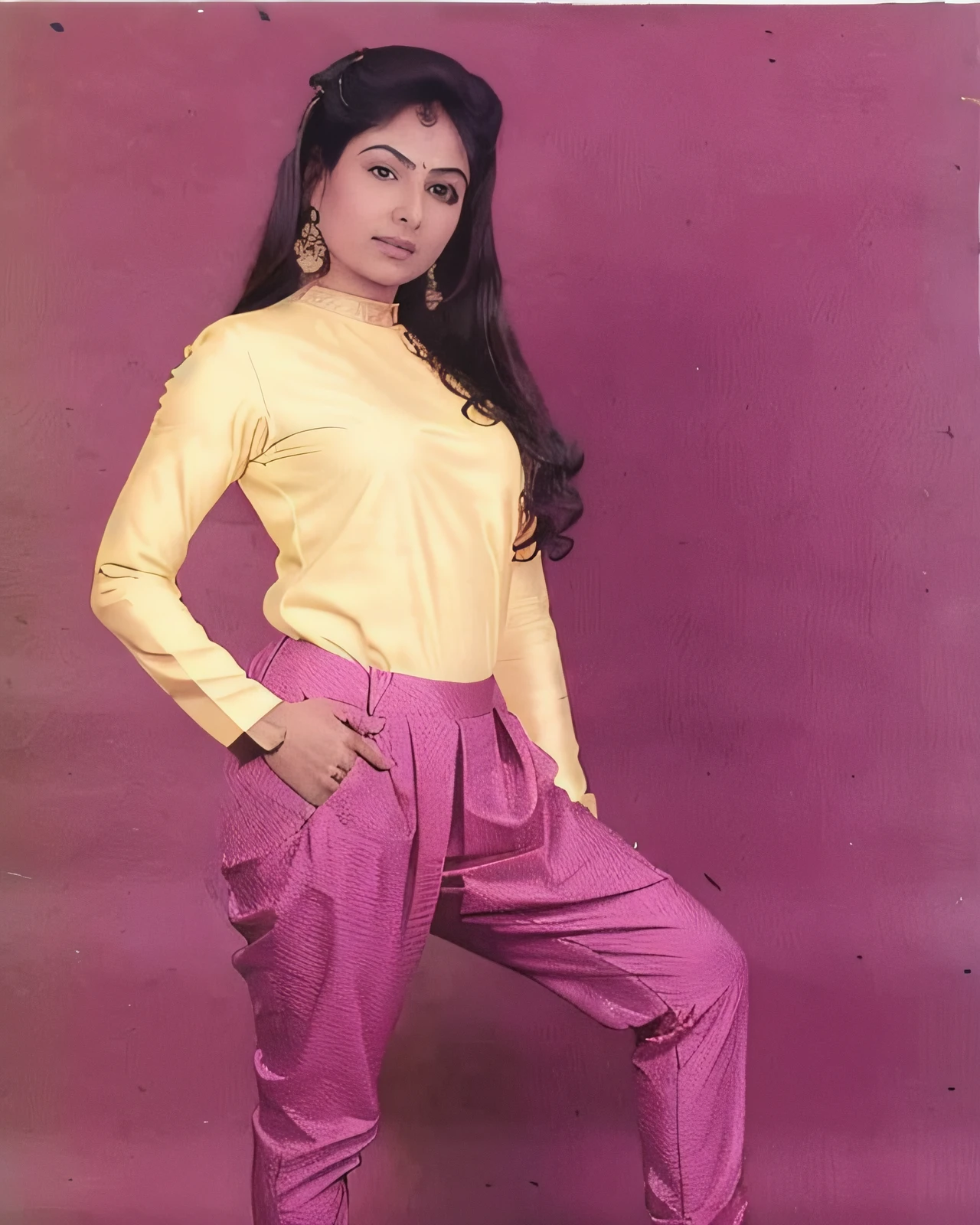 sharp focus photo of a ayjh woman in a dynamic pose wearing elegant high-neck colorful intricate Pants_kurta covering chest area, looking at camera, perfect eyes, simple white background,   <lora:ayjh_Ayesha_Jhulka_SD15_LoRA_prodigy_local_regs-000001:1>