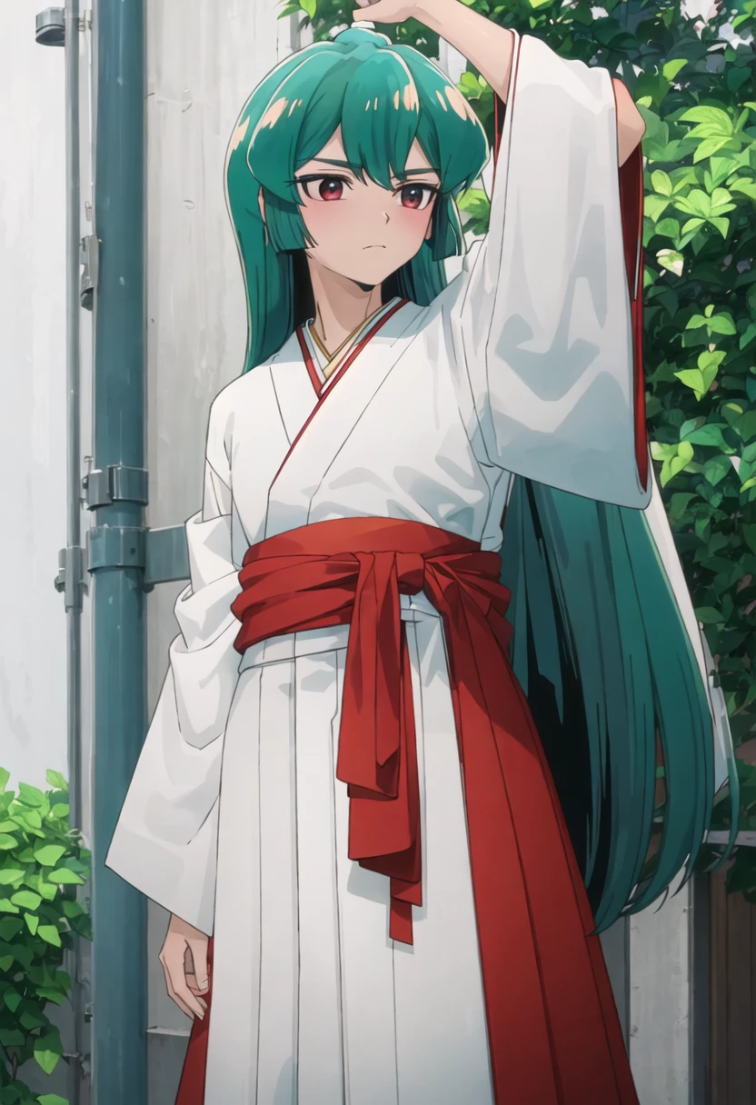best quality, masterpiece, highres, solo, {sayo_minakami_mahoushoujoniakogarete:0.90}, {white kimono:1.35}, {red hakama:1.35}, {wide sleeves:1.20}