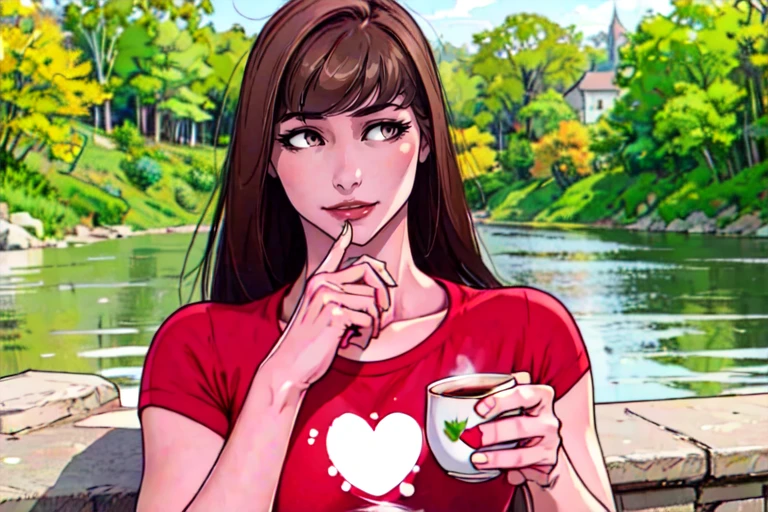 upper body, a woman sitting outside a cafe on a river, small town, lots of flowers,  holding a cup of tea, beautiful eyes, beautiful girl, high detail skin, high detail eyes, high detail hair, highres, ultra detailed, sharpen picture, Highly detailed, masterpiece, best quality, photorealistic,
 <lora:HaeyoomKaramLoRA:1> 1girl, long hair, bangs, red tshirt with heart print, jeans,