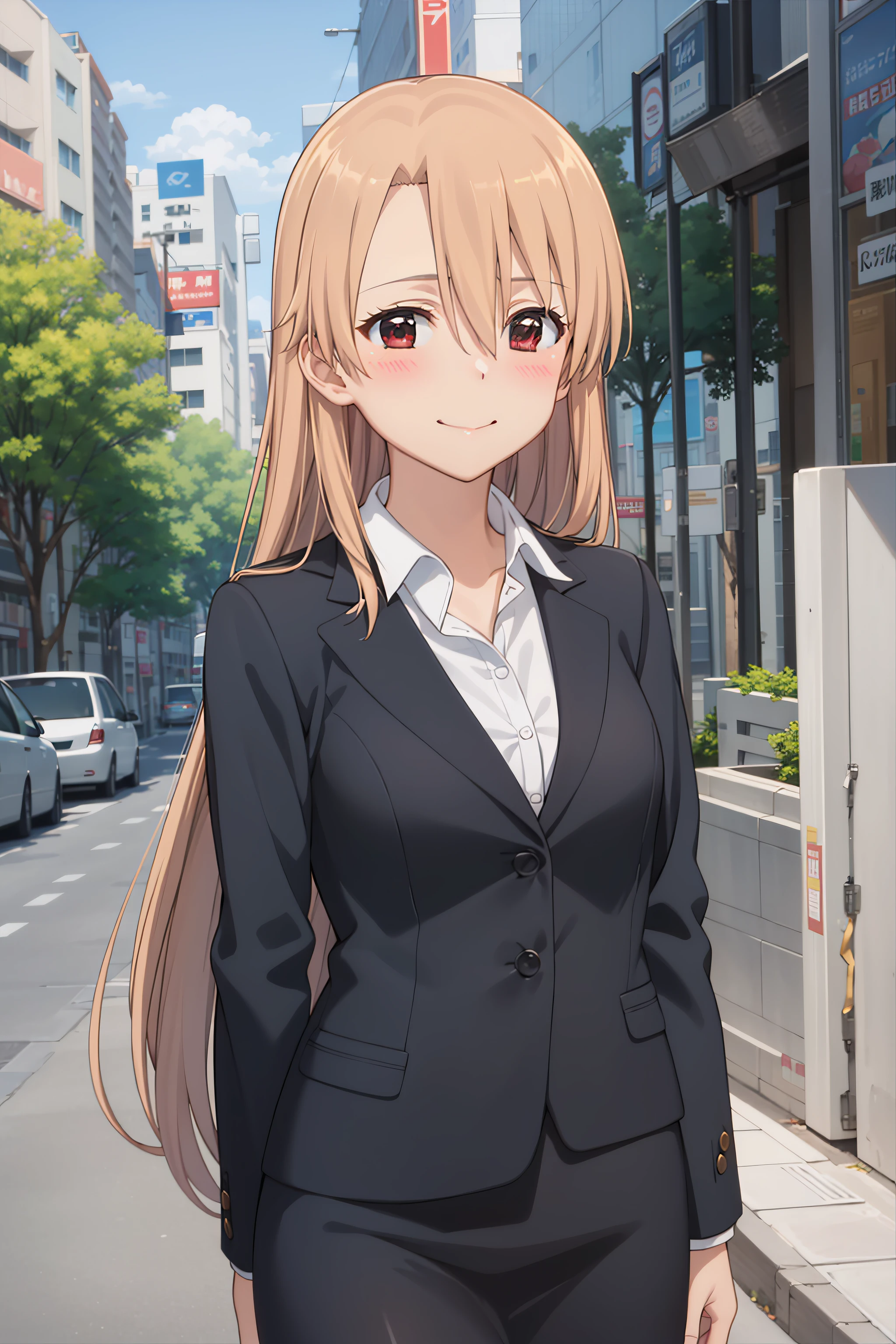 best quality, masterpiece, detailed,
<lora:KissXSis_KiryuuYuuzuki:0.9>, KiryuuYuuzuki,
1girl, closed mouth, light smile, blush,
brown hair, brown eyes, long hair,
uniform, jacket, office lady, collared shirt,
standing, looking at viewer,
outdoors, city, street