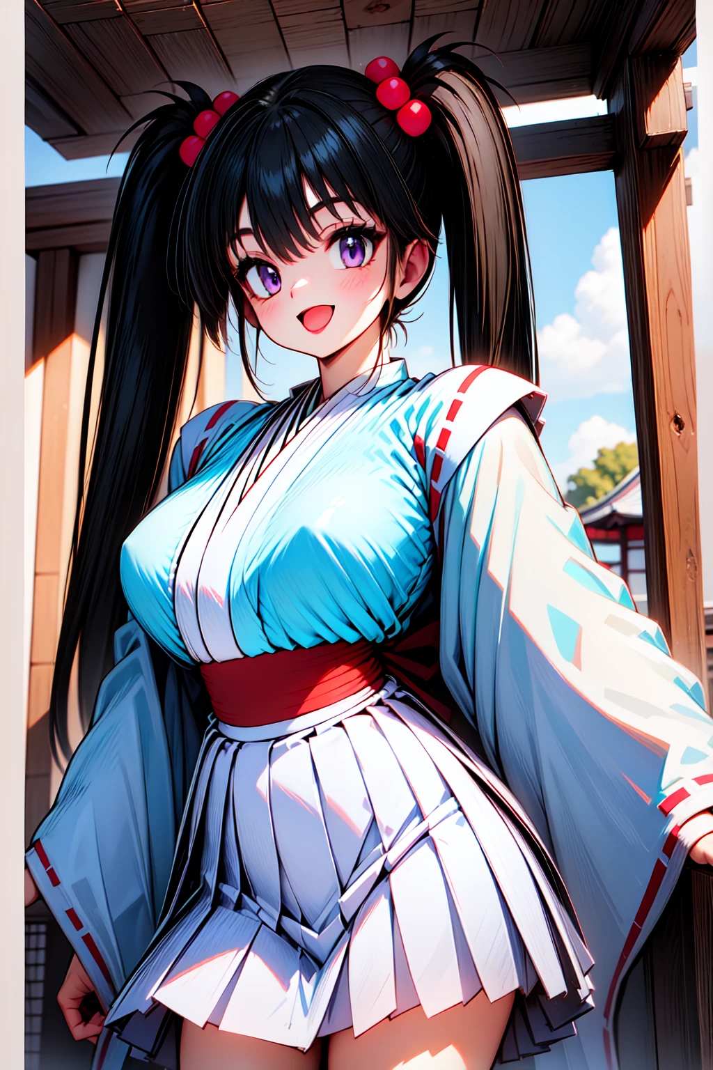 1girl, cowboy shot, smile, open mouth, japanese shrine, large breasts, 
enno_chiaki, purple eyes, black hair, long hair, twintails, hair bobbles, white japanese clothes, white shirt, white skirt, <lora:enno_chiaki_lora_ver2:0.8>, best quality, masterpiece, highres, <lora:GoodHands-vanilla:1>