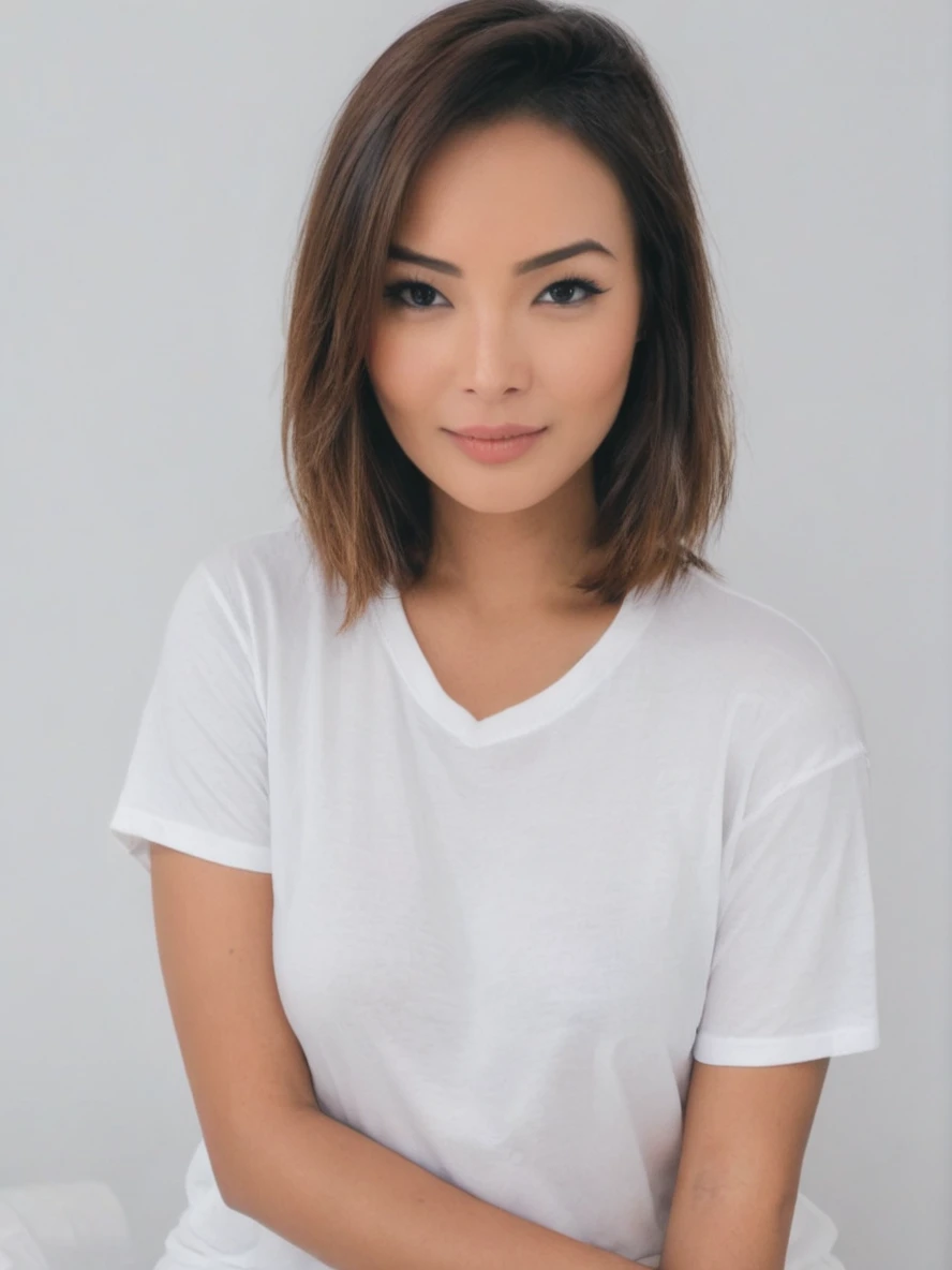 Photo of c4r0ln4k4mur4 woman, white tshirt, white background, in a bed