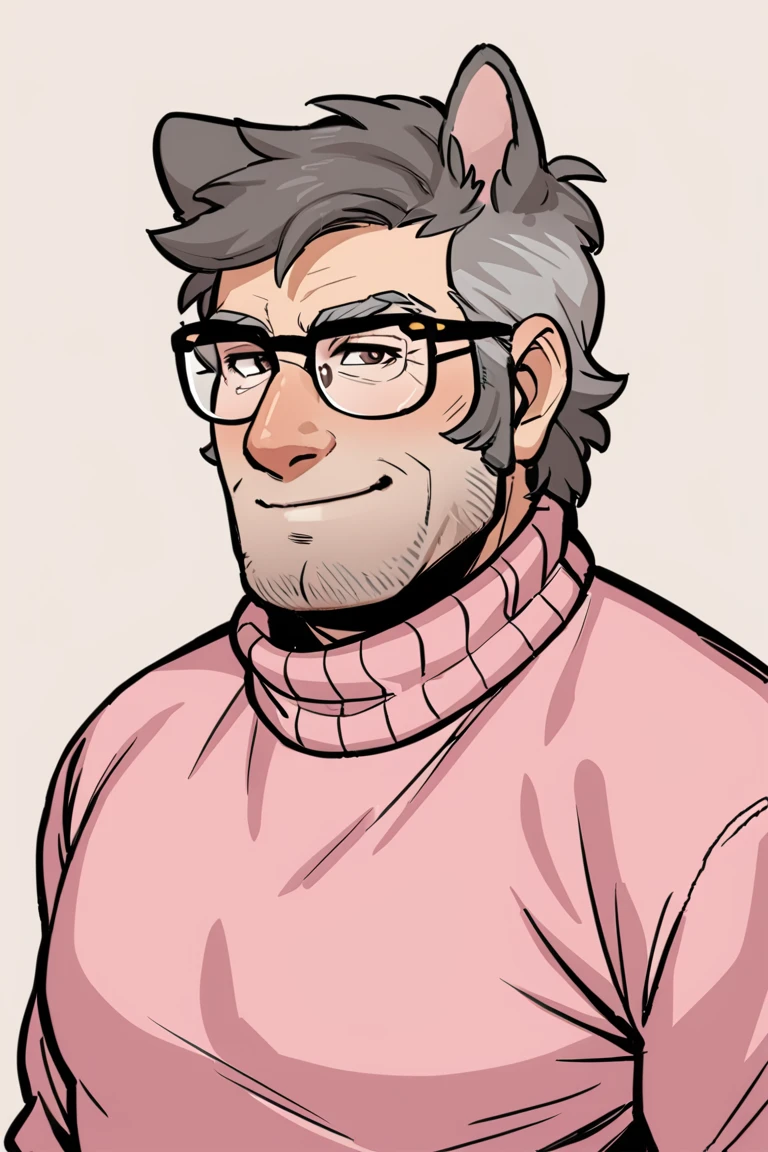 fordpines, 1boy, solo, male focus, mature male, old man, smile, upper body, muscular, short hair, grey hair, brown eyes, thick eyebrows, glasses, black-framed eyewear, facial hair, stubble, sideburns, cat ears, animal ears, pink sweater, black pants, standing, simple background, masterpiece, best quality <lora:Stanford (Ford) Pines SDXL_LoRA_10r_10e_32i_nr32_a16_Animagine XL V3 (Clip skip 2):0.7>