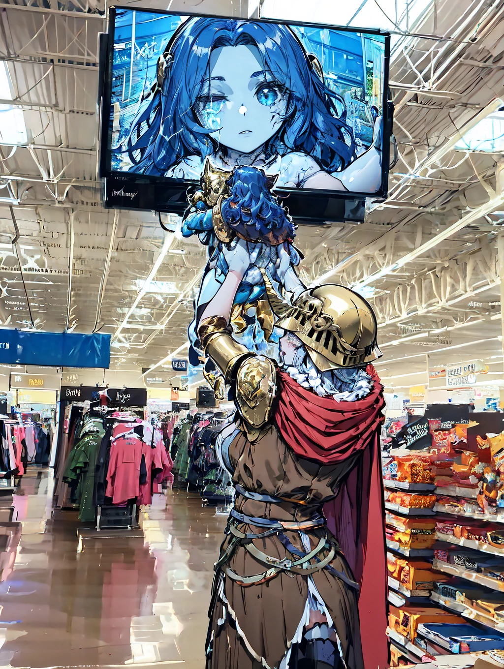 IncrsAbsolutelyLosingIt, <lora:AbsolutelyLosingIt:0.45>, holding, television,
, , IncrsRanni, wavy hair, colored skin, blue skin, cracked skin, extra arms, extra faces, white dress, hat, cloak, <lora:Char_EldenRing_Ranni:0.9>,
, IncrsAbsolutelyLosingIt, <lora:AbsolutelyLosingIt-000009:0.45>, holding, television,
, , prothestic leg, single mechanical arm, prosthesis, MaleniaDef, armor, cape, brown dress, <lora:Char_EldenRing_Malenia:1>, helmet, red hair,