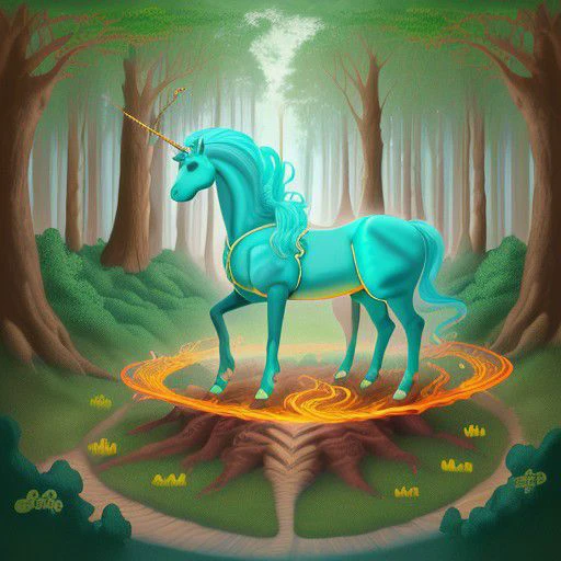 Turquoise unicorn with yellow horsehair looking at a fire helix magic appearing from the ground, in the middle of a forest, fantasy, DF Style