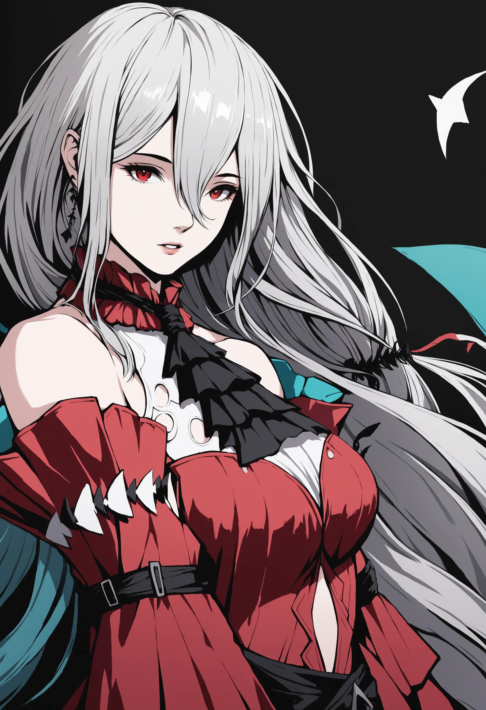 masterpiece, best quality, (monochrome:0.7),(highres), original, extremely detailed 8K wallpaper,
///////////////////
1girl, solo, long hair, skadi \(arknights\), red eyes, skadi the corrupting heart \(arknights\), parted lips, red dress, ascot, black ascot, upper body, dress, bare shoulders, black background, official alternate costume, no headwear, simple background, hair between eyes, looking at viewer, detached sleeves, bangs, white hair, very long hair, grey hair, breasts
///////////
////////<lora:ABXL128dim-000106:1>