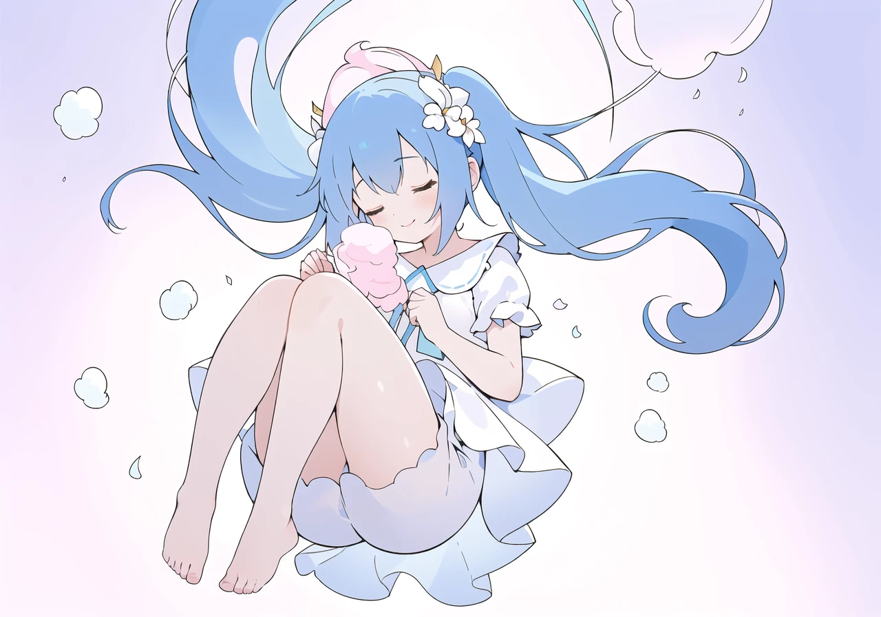 (Best quality), (masterpiece), (detailed light),(an extremely delicate and beautiful), (lots of white cotton candy backgrounds:1.4), (floating:1.4)
1 girl lies in the soft cotton candy, white marshmallows wrapped around her, (Baby position), (Close eyes), smile, pigtail, (long blue hair:1.15),(light blue and light white striped pajamas:1.1), (Hair flower), (bare feet:1.1),(full body:1.2),holding knees
graceful
quiet
comfortable