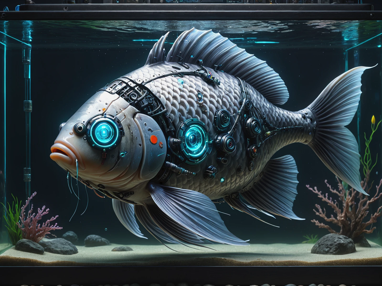 cyberanimals fish in fish tank, monitors , cyberpunk <lora:Neon_Cyberpunk_SDXL_Cyberanimals:0.8>, (masterpiece:1.2), best quality, (hyperdetailed, highest detailed:1.2), high resolution textures