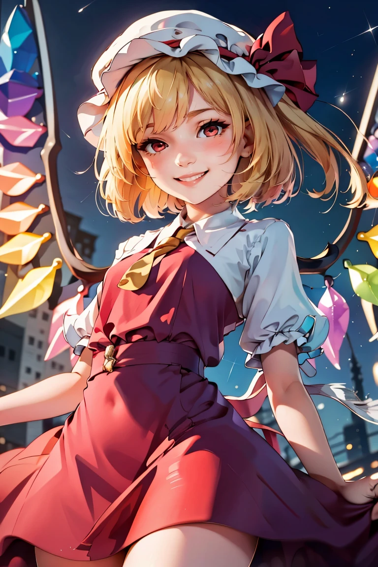 <lora:ricegnat_style:0.6>, ((masterpiece,best quality)), absurdres, <lora:Flandre_Scarlet_Touhou:0.8>, Flandre_Scarlet_Touhou, 1girl, flandre scarlet, solo, blonde hair, wings, red eyes, looking at viewer, blush, hat, crystal, one side up, ribbon, smile, mob cap, shirt, solo, looking at viewer, dutch angle, cowboy shot,
red skirt,, ((masterpiece,best quality)), absurdres,
<lora:ZZZ:0.8>, ZZZ,
solo, smiling, looking at viewer, cowboy shot,