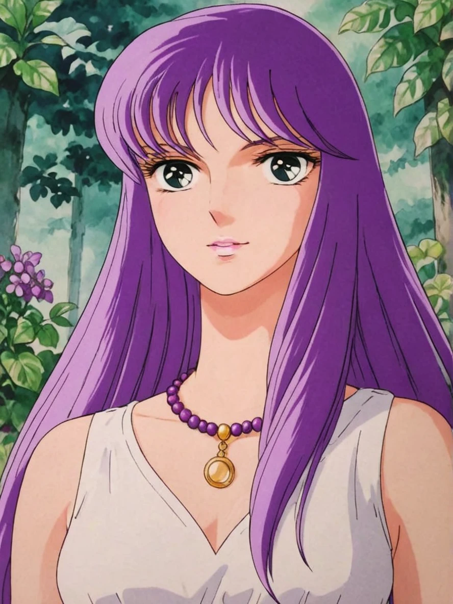 Anime illustration portrait of s40r1k1d0 woman, (in a garden)+, purple hair, necklace