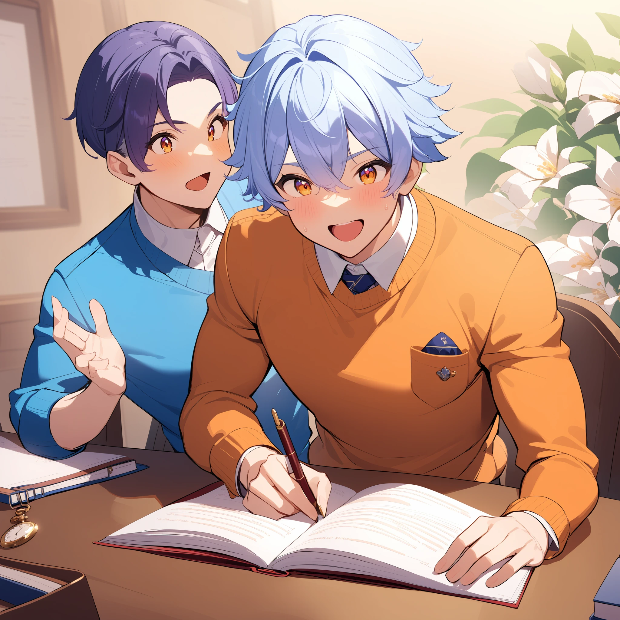 Year 2050,{2boys},excited,studying,at zoom out view,in floral background scene,pilot profession,{amber} eyes,silver curly hair,wearing aran sweater cloth,wearing pocket watch,healthy body,, masterpiece,best quality,ultra-detailed,