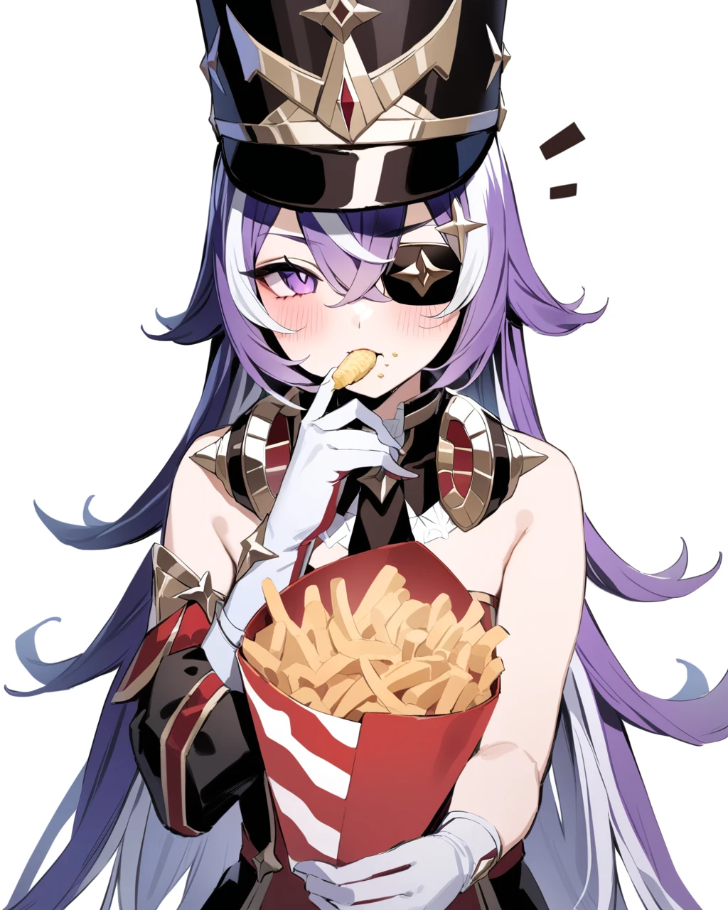 masterpiece,best quality,<lora:hevreuse_4dim:1>,1girl, purple hair, solo, long hair, food, eyepatch, hat,purple eyes, multicolored hair, single glove, gloves, holding, looking at viewer, licking finger, licking, holding food, streaked hair, bangs, hair between eyes, simple background, notice lines, food on face, white hair, blush, bare shoulders, upper body, white background, asymmetrical gloves, white gloves, french fries, eating, black headwear, shako cap, very long hair, mismatched gloves