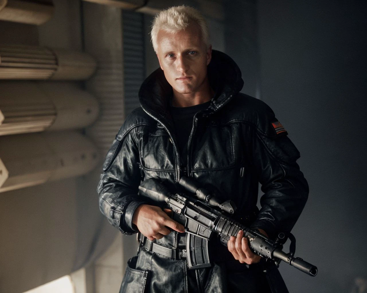 techwear fashion , <lora:r0y8a7ty:0.9>, r0y8a7ty, indoors, roy batty, photograph of man, soldier, combat gear, combat boots, space marine, tactical gear, rifle, harness, combat, action, battle, spacecraft interior, action shots, science fiction, leather coat, cyberpunk, high contrast, low light, vibrant, particles, fog, futuristic, urban, tactical, sleek, dark, highly detailed,