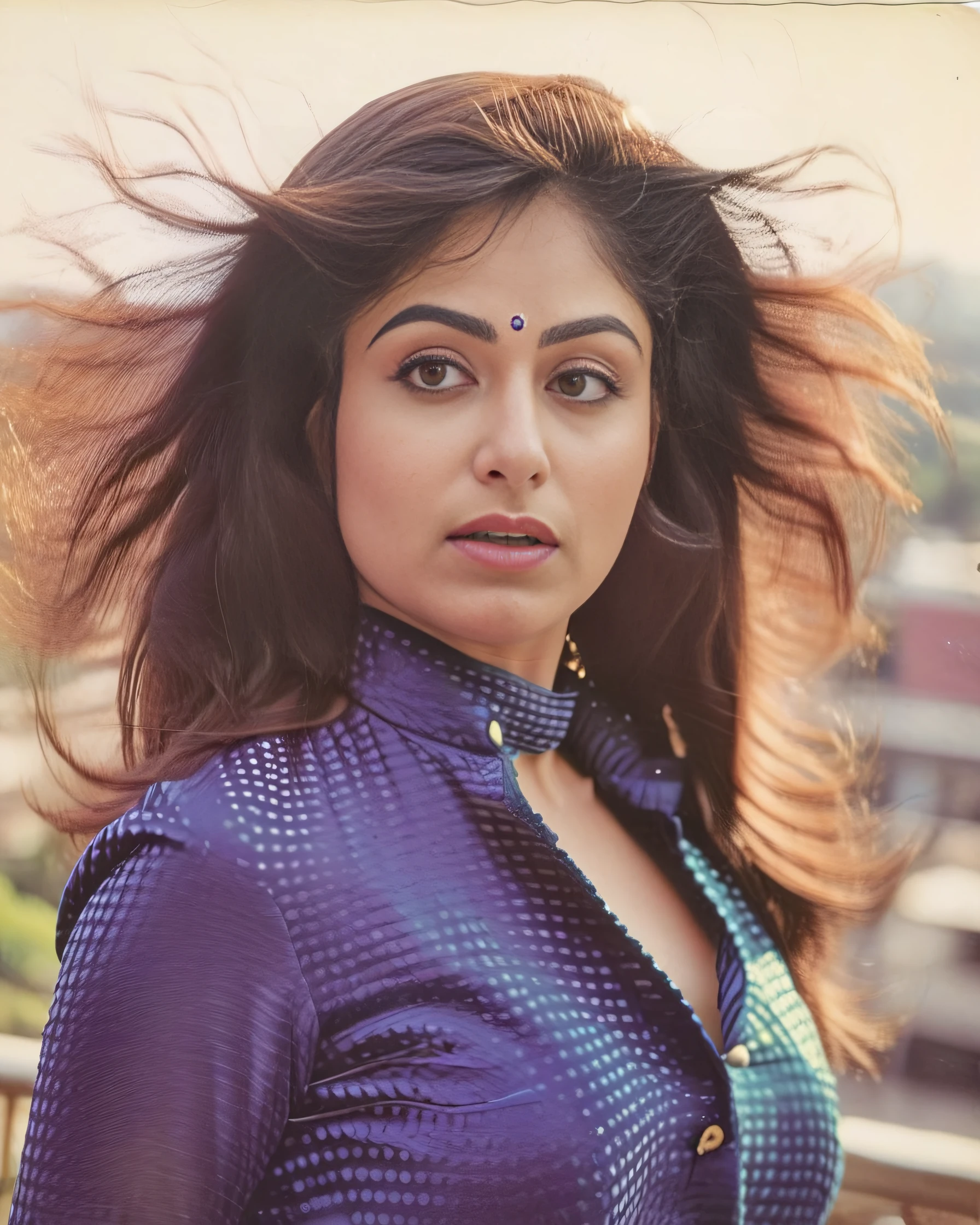 ultrarealistic full body photo of a 30-year-old ayesha jhulka woman, high neck clothes, Double blink of disbelief, Fisheye-shot camera angle, perfect eyes, looking at camera, film grain, day time at tower, beautiful bokeh <lora:Ayesha_Jhulka_SDXL_LoRA:1>