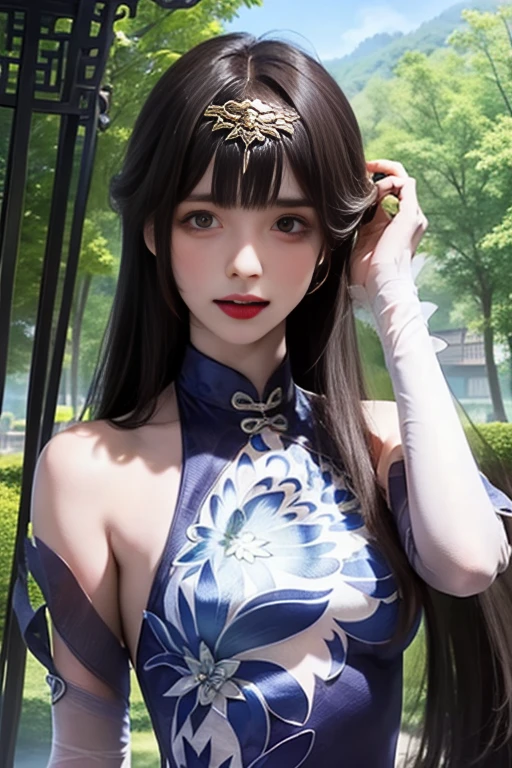 ltra-detailed,highly detailed,best quality,masterpiece,illustration,realistic,photorealistic,
1girl, solo, small breasts, 
yinziping, lantingyue, chinese clothes, china dress,qipao,blue dress, bare shoulders, detached sleeves, floral print, sleeveless dress, see-through, covered navel, 
black hair, long hair, bangs, 
upper body, looking at viewer, hand in own hair, adjusting hair, 
photo background, outdoors, flower,grass, tress ribbon, 
<lora:yinziping lantingyue_v2_06:0.8>