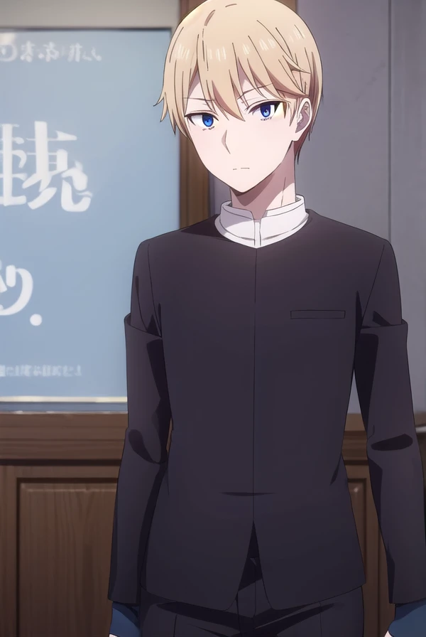 miyukishirogane, <lora:miyuki shirogane s3-lora-nochekaiser:1>,
miyuki shirogane, blonde hair, male focus, blue eyes,
BREAK school uniform, pants, gakuran,
BREAK indoors, classroom,
BREAK looking at viewer, (cowboy shot:1.5),
BREAK <lyco:GoodHands-beta2:1>, (masterpiece:1.2), best quality, high resolution, unity 8k wallpaper, (illustration:0.8), (beautiful detailed eyes:1.6), extremely detailed face, perfect lighting, extremely detailed CG, (perfect hands, perfect anatomy),