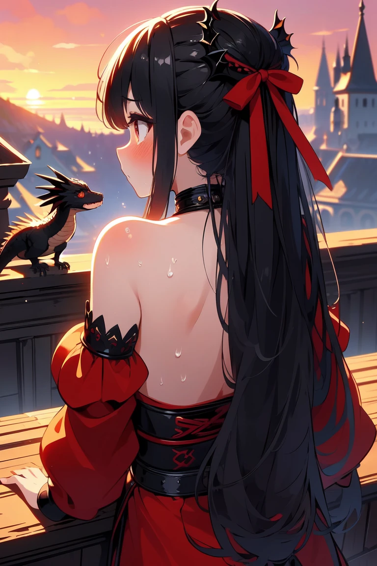 (((masterpiece))), (((best quality))), ((from behind)), a pet dragon, resting on girl's head, (breathing fire:0.9), black collar, red complex pattern cut-out warrior costume, sleeves, solo, 1girl, ribbon, longhair, cleavage, big tit, sweat, shy, blush, balcony, ancient castle, sunset, <lora:girllikepetdragon:1>,