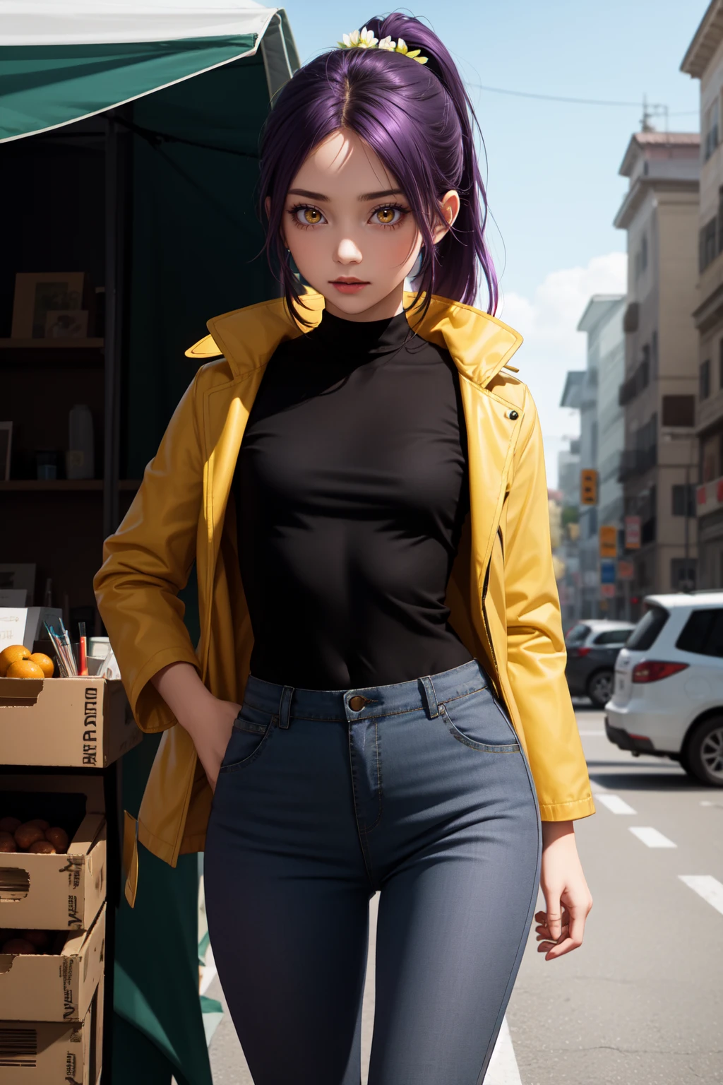 (masterpiece, best quality, SFW:1.2), keyvisual, max detail, low contrast, halo
BREAK
1girl, guilty, looking down, forehead, (cute, petite:1.2), flat_chest, wide hips, thighs, (violet hair, high ponytail:1.2), (yellow eyes:1.2)
BREAK
(see-through striped shirt, dress flower dark orange_colored coat, grey blue pants)
BREAK
close-up, leaning back
BREAK
outdoors, market stall