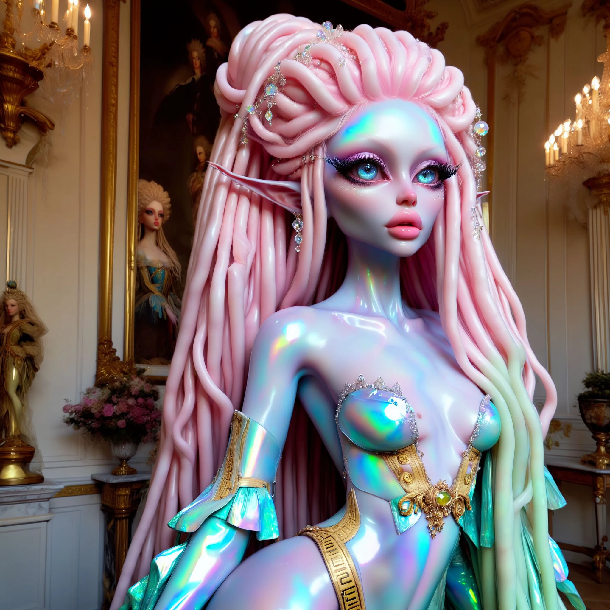 <lora:AlinaXL:0.6> <lora:DMarbleStone:0.8> <lora:Dallegirls:0.8> beautiful opal stone elf girl with big detailed eyes and huge lips , opal stone quartz marble skin , gem , (((light opal iridescent stone skin))) , colored skin ,fashion photography of alien with 18th royal queen, marie antoinette, versailles, hyperrealistic, attention to face , fine-grained details, bright colors, photorealistic, bright lights, luminescent, illuminated, white background , versace ,rococo ,8k, extreme detailed , colorful , highest detailed