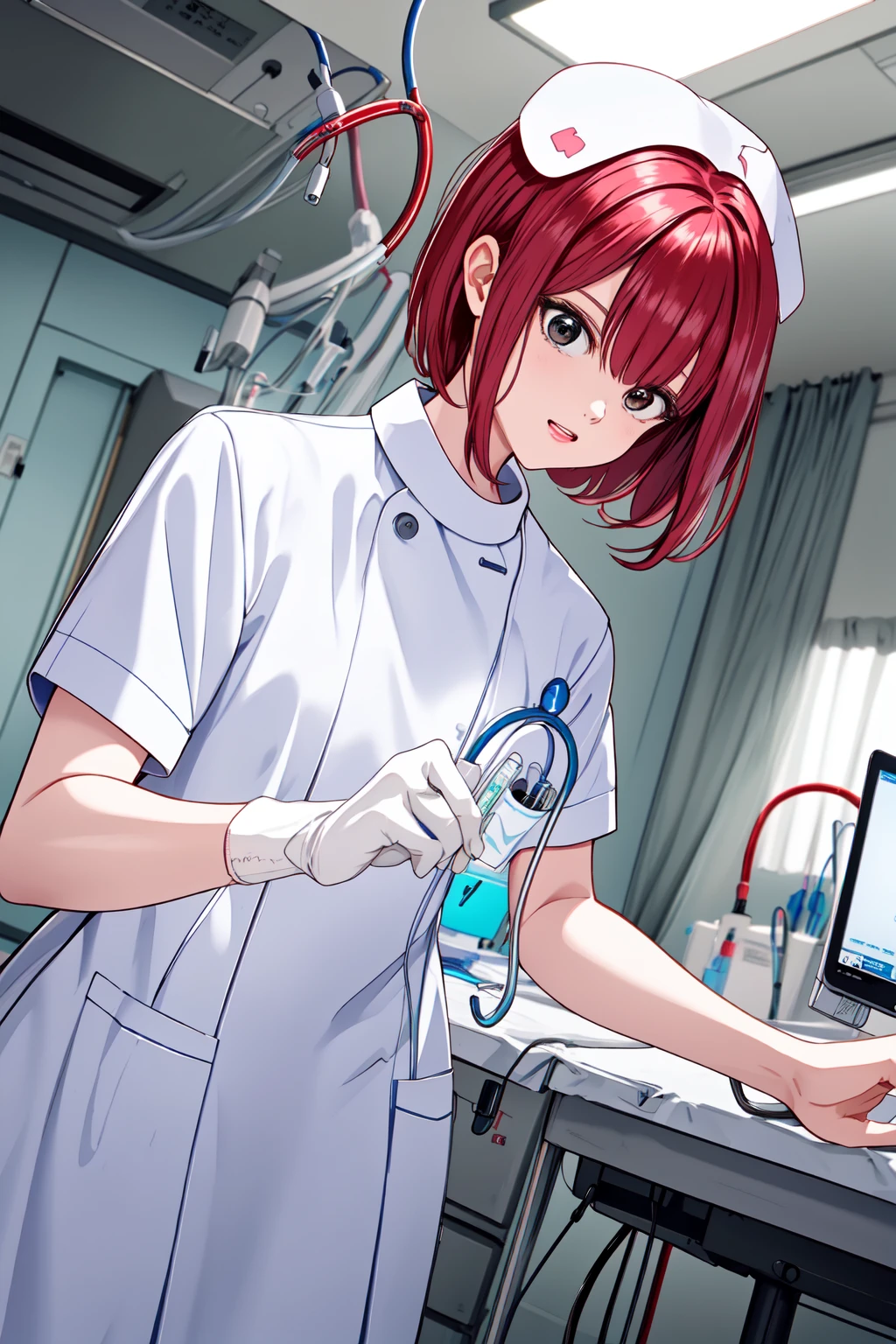 1girl, solo, nurse, nurse cap, white nurse uniform, ((white legwear, zettai ryouiki)), white gloves, very short hair, orange hair, ((white surgical mask, covered nose)), standing, ((hospital room)), sharp outline, short sleeves, tomboy, boyish, best quality, masterpiece