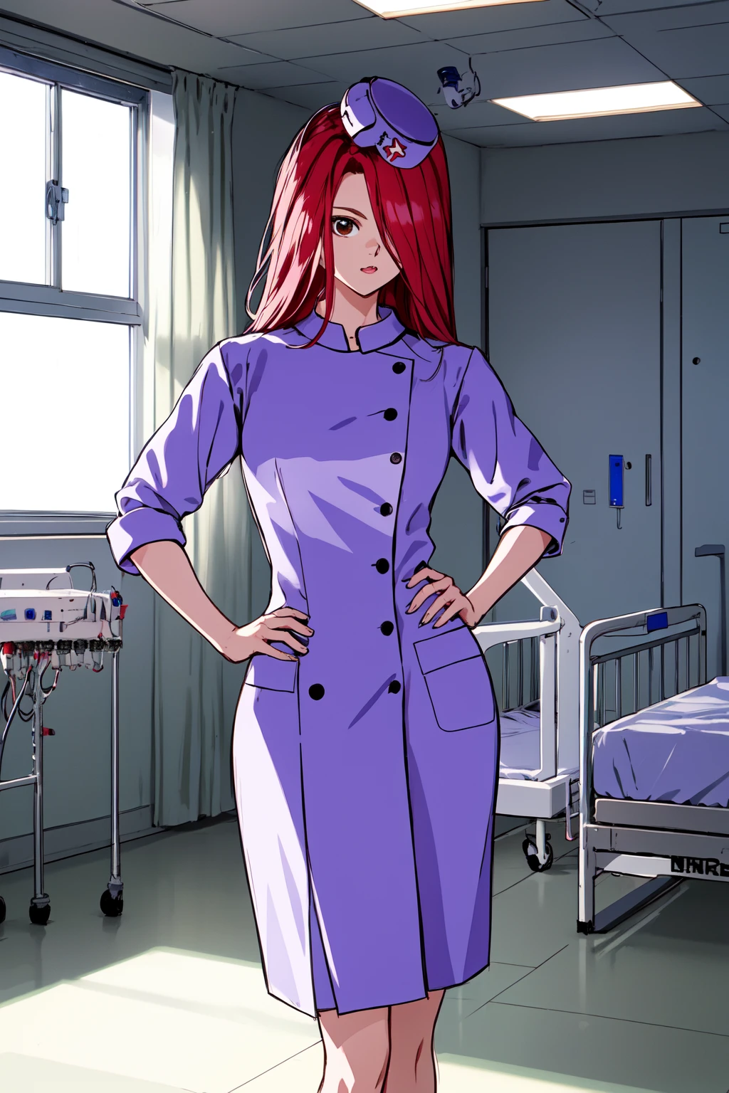 (RAW photo, best quality), 1girl, natural lighting, indoor, hospital,
<lora:yuyu_ruka_v1_2:1>, ruka,
nurse, hat, purple dress, hands on hip,