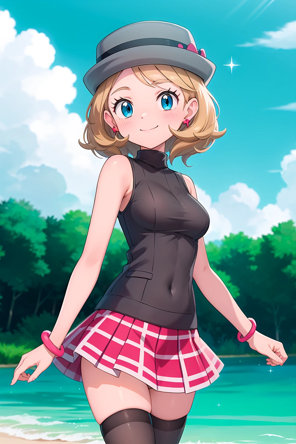 gonzarez, masterpiece, Serenaj, 1girl, grey headwear, solo, jewelry, thighhighs, sleeveless turtleneck, turtleneck, skirt, smile, sweater vest, blonde hair, earrings, hat, blue eyes, sleeveless, closed mouth, eyelashes, vest, blush, bangs, breasts, medium hair, bracelet, looking at viewer, outdoors, black thighhighs, brown thighhighs, sky, day, sparkle, shiny, cloud, pleated skirt, red skirt, brown vest, water, cowboy shot, <lora:Serena_Journeys:0.8> <lora:more_details:0.2>