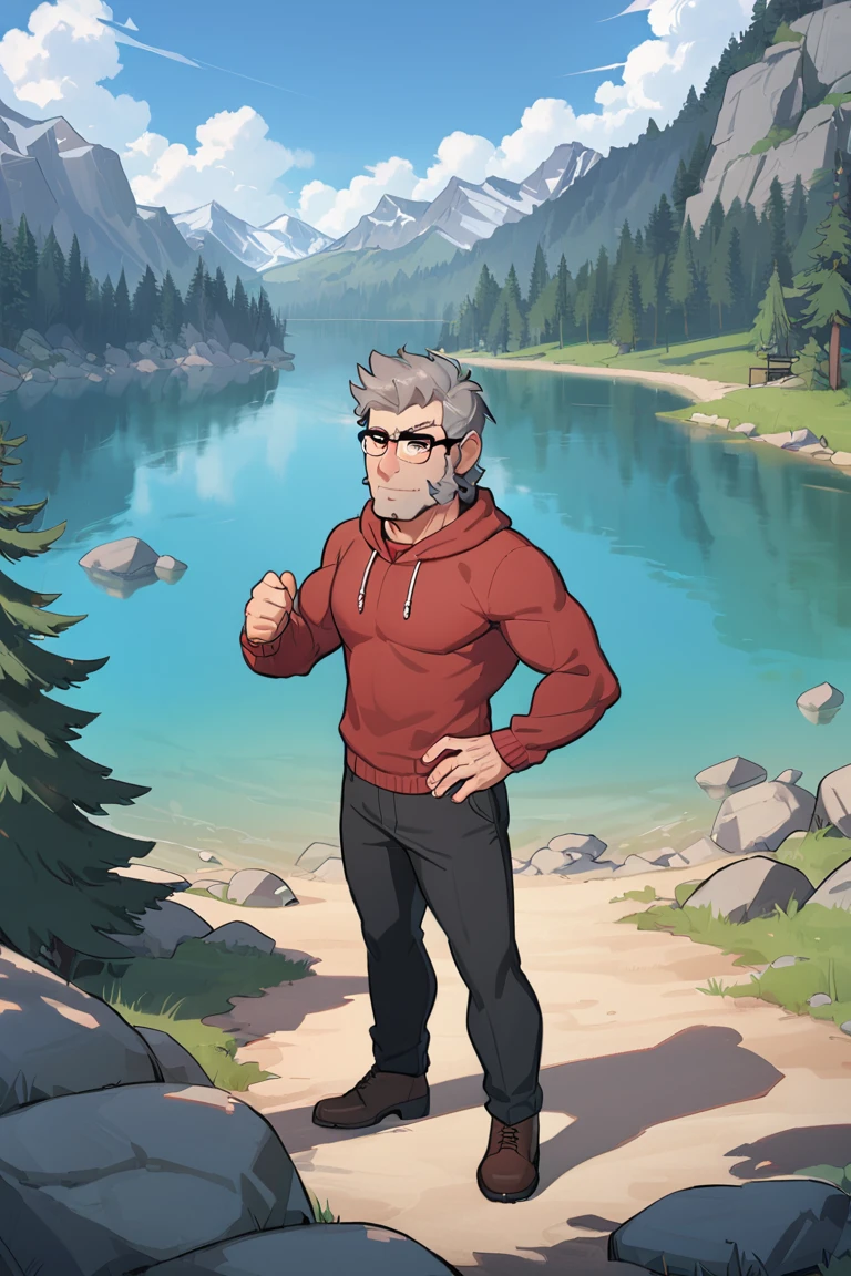 topless fordpines, 1boy, solo, male focus, mature male, old man, full body, muscular, short hair, grey hair, brown eyes, thick eyebrows, glasses, black-framed eyewear, facial hair, stubble, sideburns, chest hair, arm hair, black pants, belt, brown boots, standing, outdoors, lake, shore, stones, fir-tree, mountains, masterpiece, best quality <lora:Stanford (Ford) Pines SDXL_LoRA_10r_10e_32i_nr32_a16_Animagine XL V3:0.7>