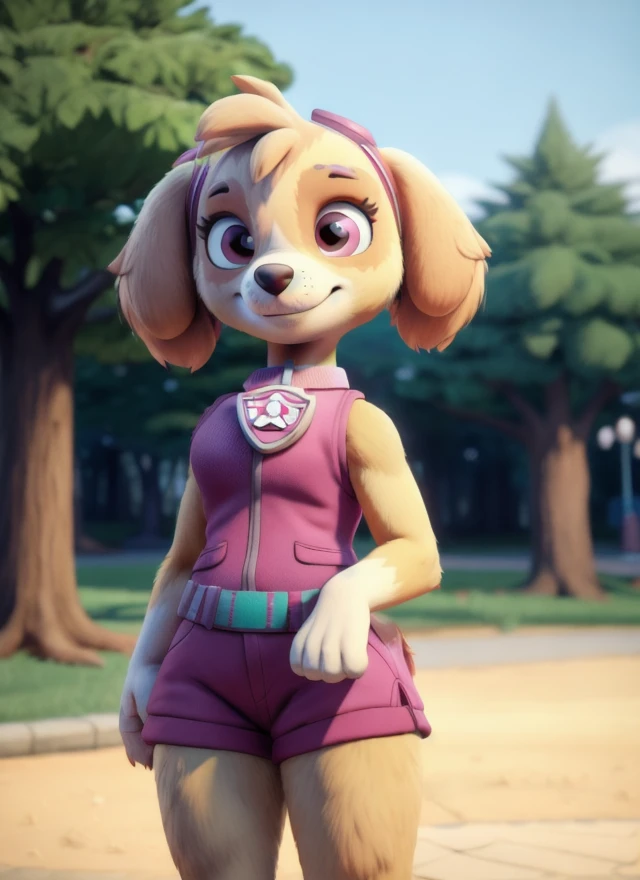 ((masterpiece, best quality:1.4)), bokeh, fluffy, 3d,
female, solo, female focus, solo focus, full-length portrait, front view, looking at viewer, standing, smile, 
<lora:Skye_PawPatrol-10:0.8> skyepawpatrol, skye \(paw patrol\), 
goggles, pink vest, sleeveless, bottomless, 
park,