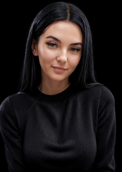 Photo of a woman dressed in a black sweater, (medium shot), look into the camera, studio light, detailed, realistic, 4K (simple black background) <lora:MS_Simon:0.8>