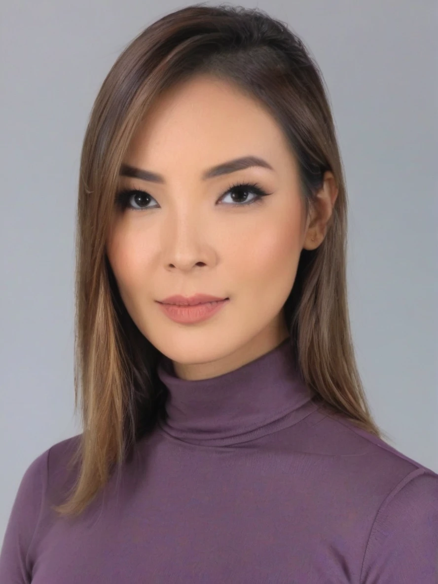 Portrait photo of c4r0ln4k4mur4 woman, purple turtleneck blouse, white background