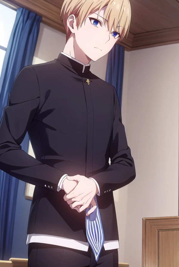 ((((Priest, young man, black priestly garment, blond hair))) nsfw, hem of garment pulled up to show crotch, short penis, expression of shame, black priestly garment,