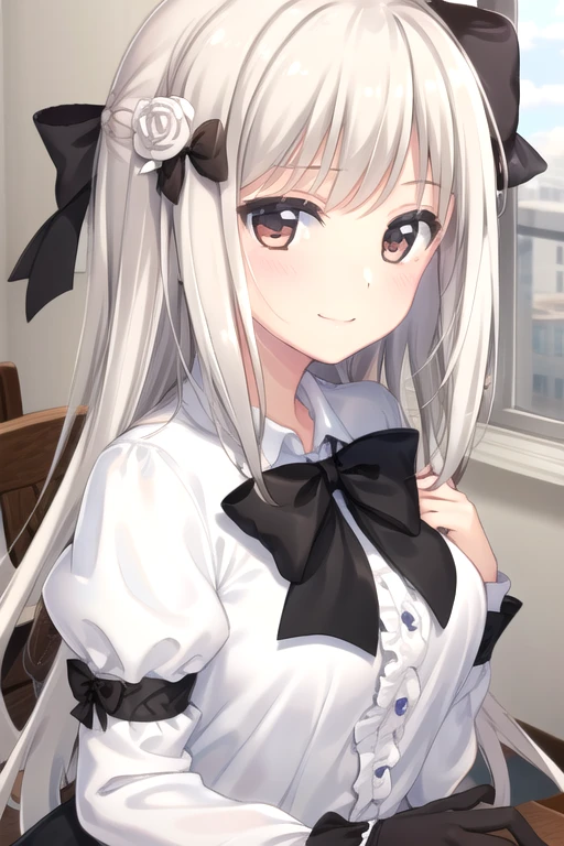 ((masterpiece)),(best quality),official art,extremely detailed CG,unity 8k wallpaper,ultra detailed,beautiful detailed eyes,extremely detailed face,1girl,solo,upper body,(portrait:1.2),looking at viewer,facing viewer,smile,very long hair,silver hair,hair bow,hair flower,hair ornament,side swept bangs,sidelocks,brown eyes,school uniform,long sleeves,white shirt,puffy sleeves,black bow,black ribbon,medium breasts,white skirt,frilled skirt,zettai ryouiki,black thighhighs,black footwear,mary janes,<lora:Enamori Senri(pa):0.7>,