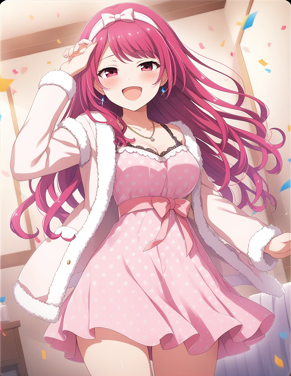 1girl, <lora:batogaerika:0.8>,batogaerika,thigh focus,
,hair down,
,hairband, polka dot, long hair, necklace, confetti, ;d, bow, jacket, blush, heart, long sleeves,fur trim, indoors, skirt, open clothes, bangs, pink jacket, arm up, dress, polka dot dress, camisole, dutch angle, open jacket,
, ultra resolution image
,masterpiece, best quality,